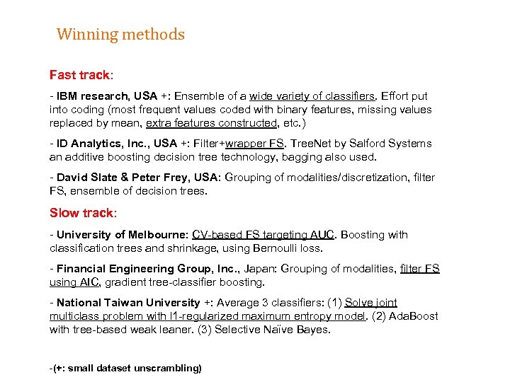 Winning methods Fast track: - IBM research, USA +: Ensemble of a wide variety