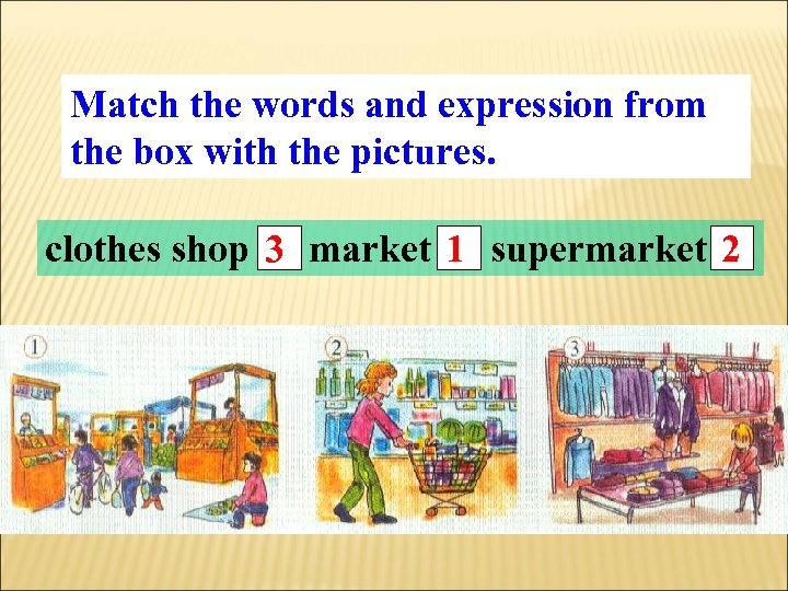 Match the words and expression from the box with the pictures. clothes shop 3