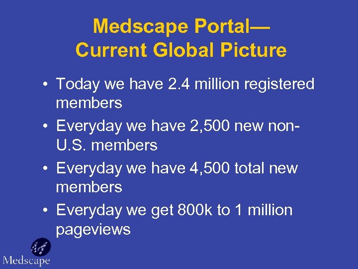 Medscape Portal— Current Global Picture • Today we have 2. 4 million registered members