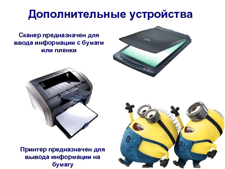 Дополнительные устройства Сканер предназначен для ввода информации с бумаги или пленки Принтер предназначен для