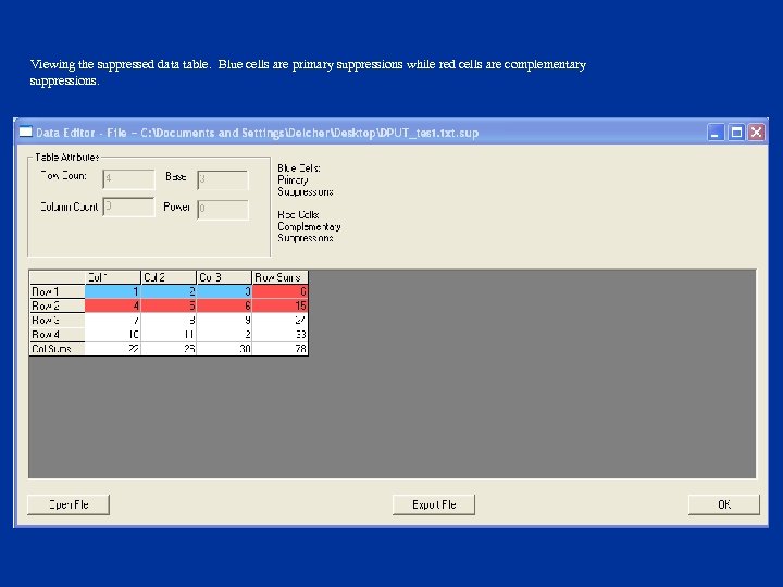 Viewing the suppressed data table. Blue cells are primary suppressions while red cells are