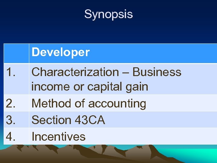 Synopsis Developer 1. 2. 3. 4. Characterization – Business income or capital gain Method