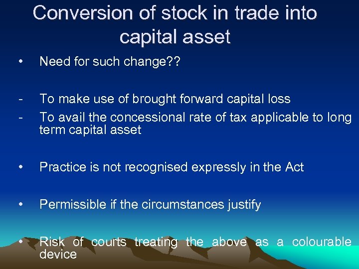 Conversion of stock in trade into capital asset • Need for such change? ?