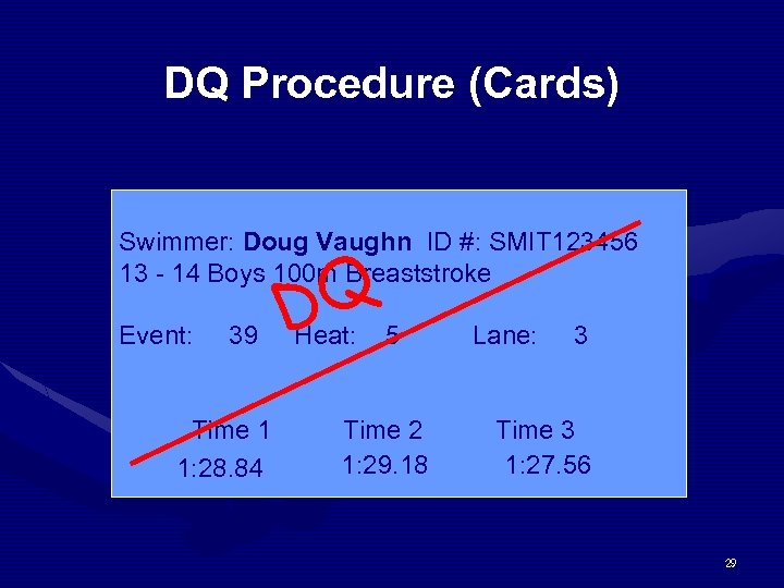 DQ Procedure (Cards) Swimmer: Doug Vaughn ID #: SMIT 123456 13 - 14 Boys