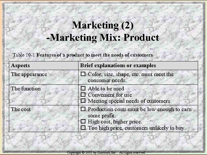 Marketing (2) -Marketing Mix: Product Table 10 -1 Features of a product to meet