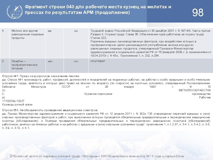 Фрагмент строки 040 для рабочего места кузнец на молотах и прессах по результатам АРМ