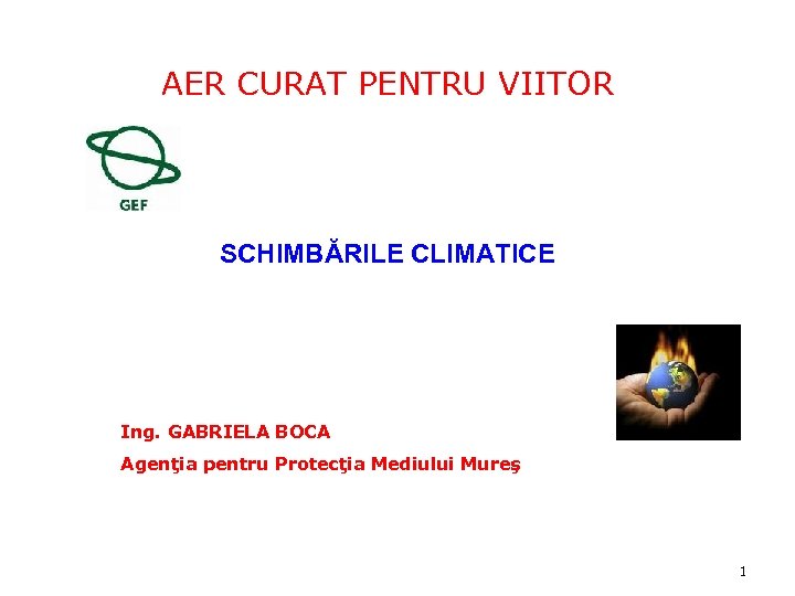 AER CURAT PENTRU VIITOR SCHIMBĂRILE CLIMATICE Ing. GABRIELA BOCA Agenţia pentru Protecţia Mediului Mureş