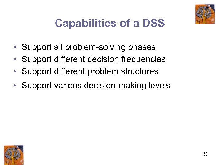 Capabilities of a DSS • Support all problem-solving phases • Support different decision frequencies