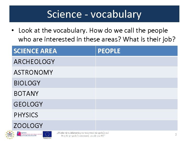 Science - vocabulary • Look at the vocabulary. How do we call the people