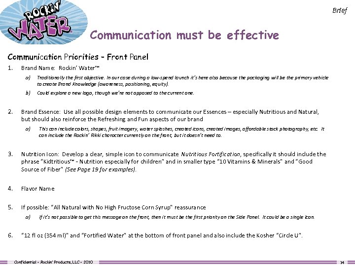Brief Communication must be effective Communication Priorities – Front Panel 1. Brand Name: Rockin’