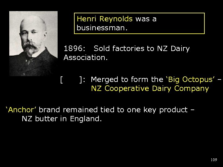 Henri Reynolds was a businessman. 1896: Sold factories to NZ Dairy Association. [ ]: