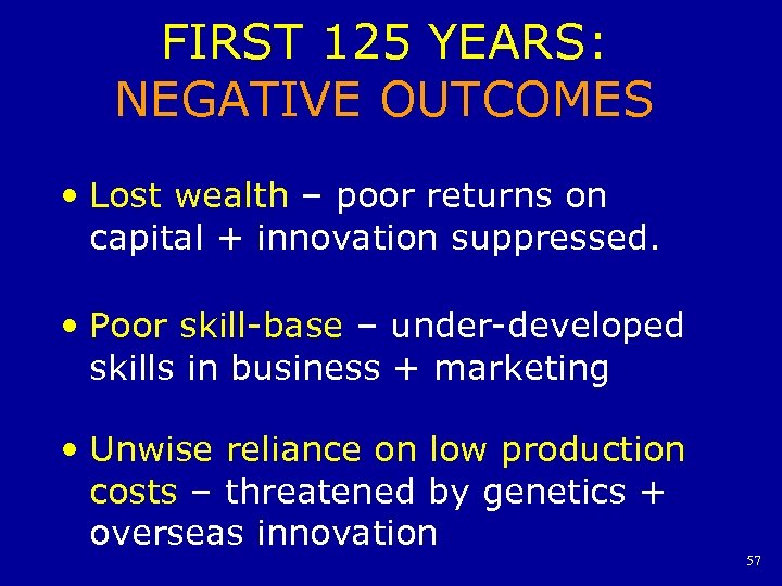 FIRST 125 YEARS: NEGATIVE OUTCOMES • Lost wealth – poor returns on capital +