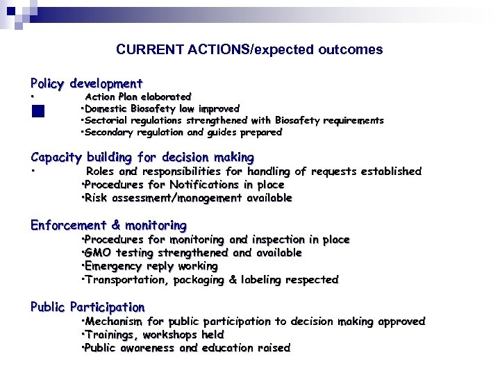 CURRENT ACTIONS/expected outcomes Policy development • n Action Plan elaborated • Domestic Biosafety law