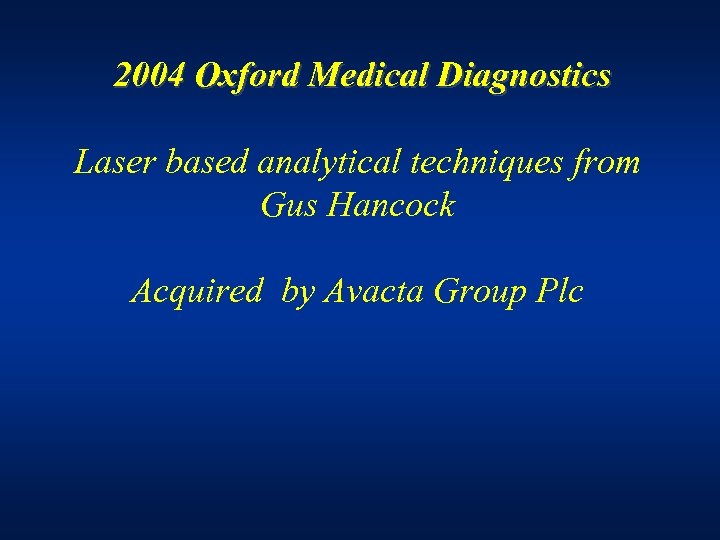 2004 Oxford Medical Diagnostics Laser based analytical techniques from Gus Hancock Acquired by Avacta