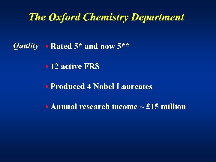 The Oxford Chemistry Department Quality • Rated 5* and now 5** • 12 active