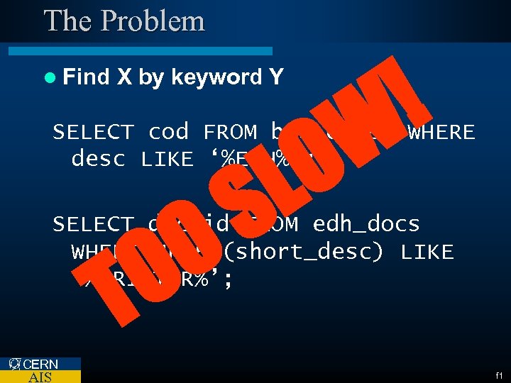 The Problem l Find ! W O L X by keyword Y SELECT cod