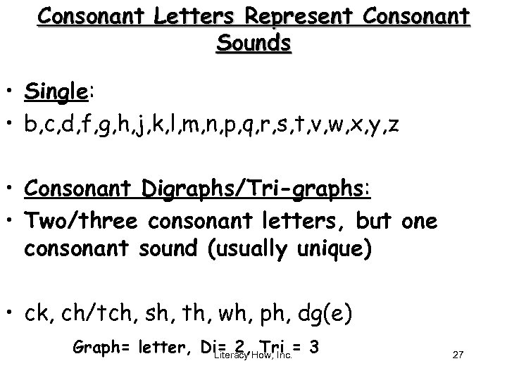 Consonant Letters Represent Consonant Sounds • Single: • b, c, d, f, g, h,