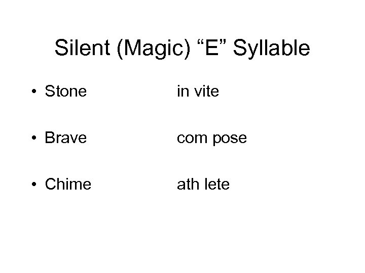 Silent (Magic) “E” Syllable • Stone in vite • Brave com pose • Chime