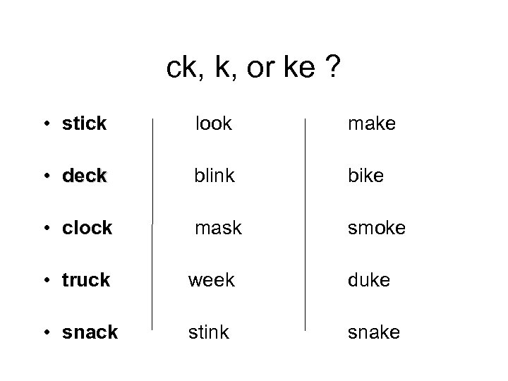 ck, k, or ke ? • stick look make • deck blink bike •