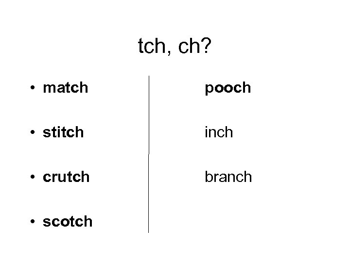 tch, ch? • match pooch • stitch inch • crutch branch • scotch 