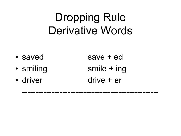Dropping Rule Derivative Words • saved save + ed • smiling smile + ing