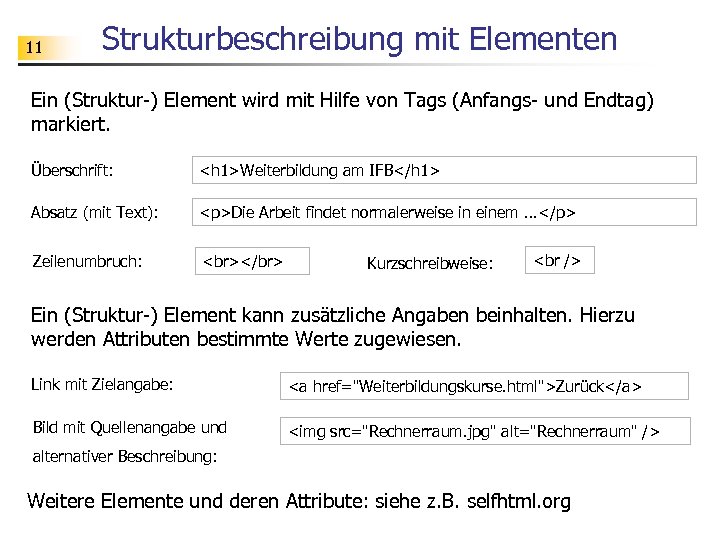 11 Strukturbeschreibung mit Elementen Ein (Struktur-) Element wird mit Hilfe von Tags (Anfangs- und
