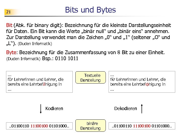 Bits und Bytes 21 Bit (Abk. für binary digit): Bezeichnung für die kleinste Darstellungseinheit