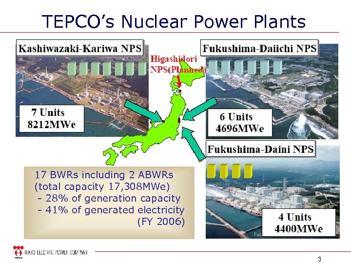 TEPCO’s Nuclear Power Plants 17 BWRs including 2 ABWRs (total capacity 17, 308 MWe)