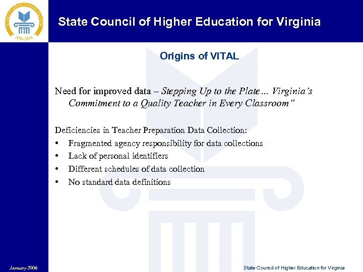 State Council of Higher Education for Virginia Origins of VITAL Need for improved data