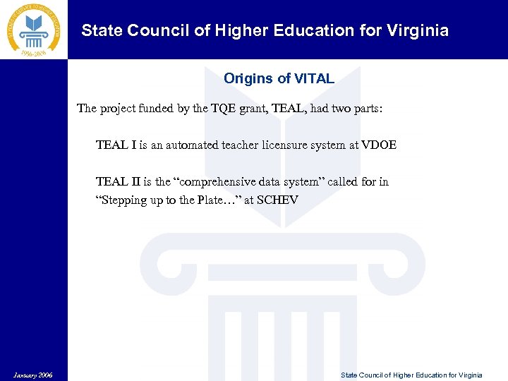 State Council of Higher Education for Virginia Origins of VITAL The project funded by