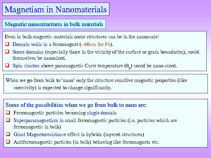 Magnetism in Nanomaterials Magnetic nanostructures in bulk materials Even in bulk magnetic materials some