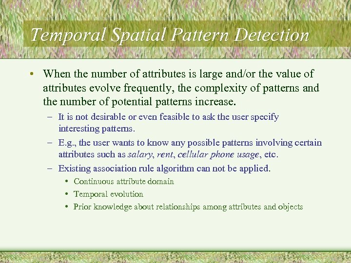 Temporal Spatial Pattern Detection • When the number of attributes is large and/or the