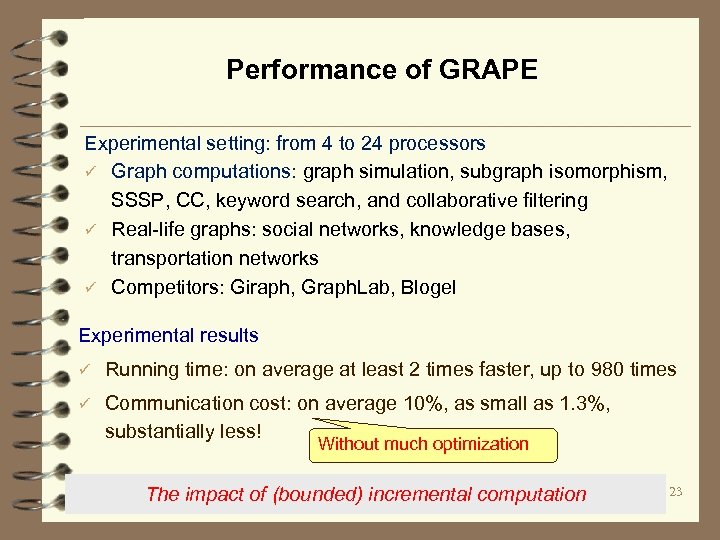 Performance of GRAPE Experimental setting: from 4 to 24 processors ü Graph computations: graph