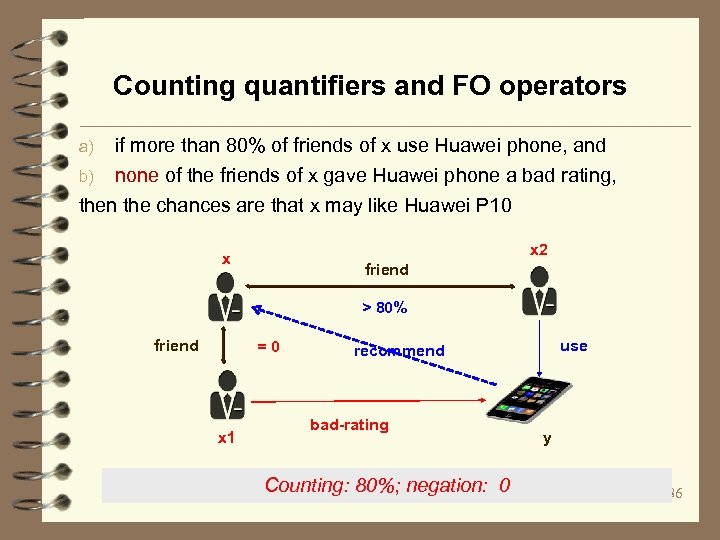 Counting quantifiers and FO operators a) b) if more than 80% of friends of