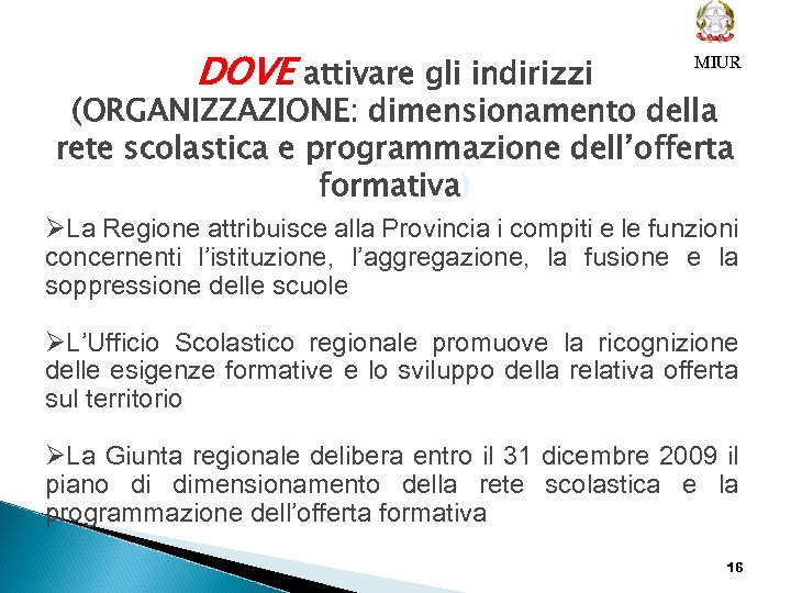 DOVE attivare gli indirizzi MIUR (ORGANIZZAZIONE: dimensionamento della rete scolastica e programmazione dell’offerta formativa)