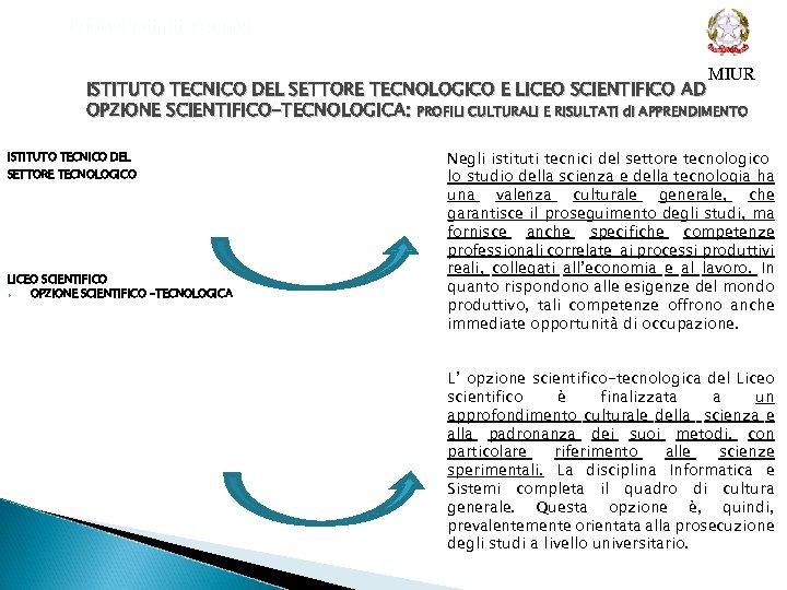 I nuovi Istituti Tecnici MIUR ISTITUTO TECNICO DEL SETTORE TECNOLOGICO E LICEO SCIENTIFICO AD