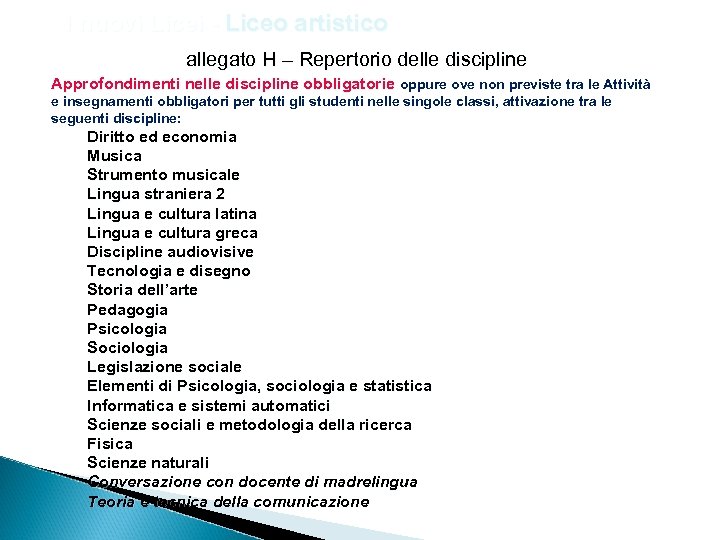  I nuovi Licei - Liceo artistico allegato H – Repertorio delle discipline Approfondimenti