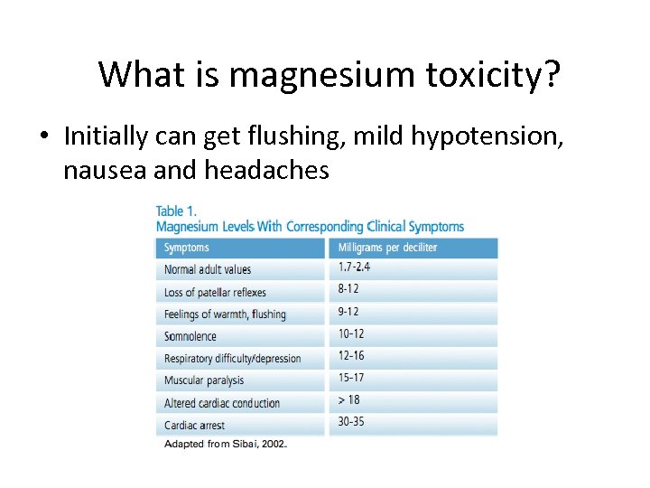  What is magnesium toxicity? • Initially can get flushing, mild hypotension, nausea and