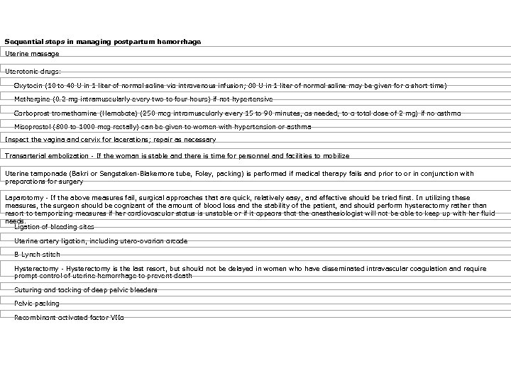Sequential steps in managing postpartum hemorrhage Uterine massage Uterotonic drugs: Oxytocin (10 to 40