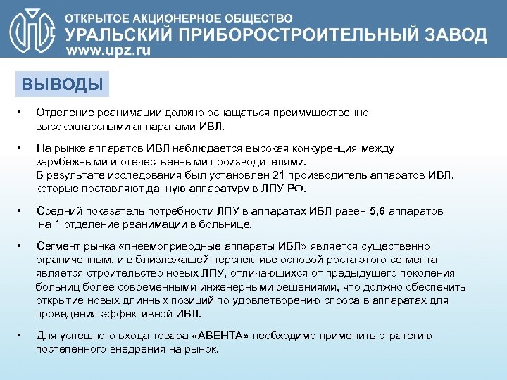 ВЫВОДЫ • Отделение реанимации должно оснащаться преимущественно высококлассными аппаратами ИВЛ. • На рынке аппаратов