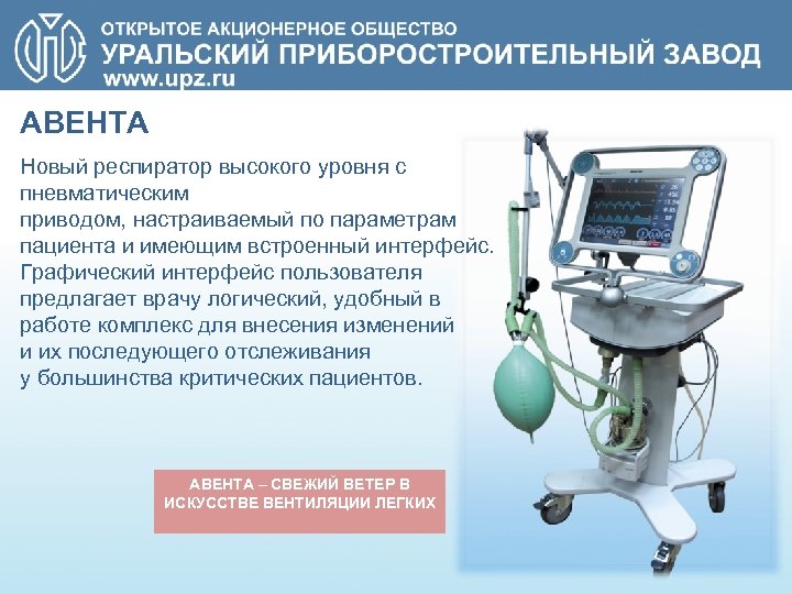 АВЕНТА Новый респиратор высокого уровня с пневматическим приводом, настраиваемый по параметрам пациента и имеющим