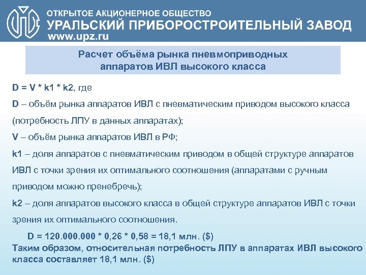 Расчет объёма рынка пневмоприводных аппаратов ИВЛ высокого класса D = V * k 1