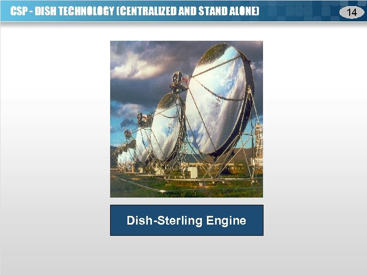 CSP - DISH TECHNOLOGY (CENTRALIZED AND STAND ALONE) Dish-Sterling Engine 14 