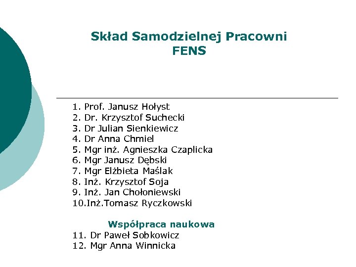 Skład Samodzielnej Pracowni FENS 1. Prof. Janusz Hołyst 2. Dr. Krzysztof Suchecki 3. Dr