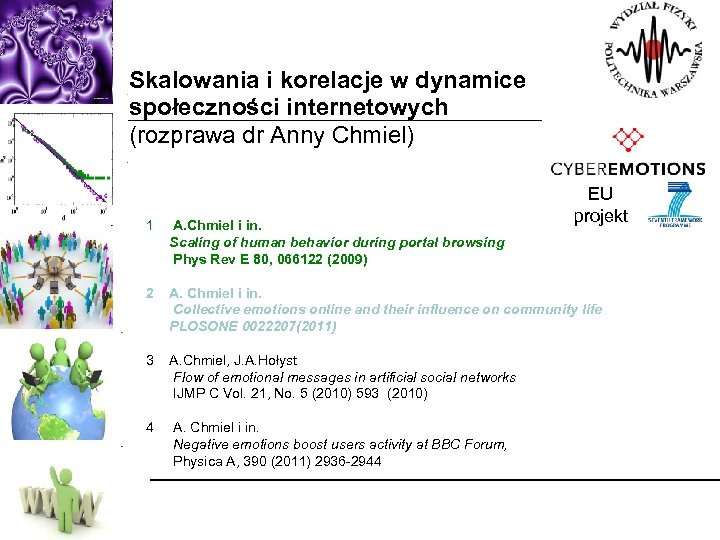 Skalowania i korelacje w dynamice społeczności internetowych (rozprawa dr Anny Chmiel) 1 A. Chmiel