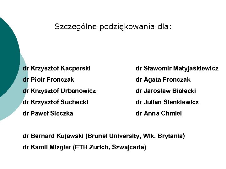 Szczególne podziękowania dla: dr Krzysztof Kacperski dr Sławomir Matyjaśkiewicz dr Piotr Fronczak dr Agata