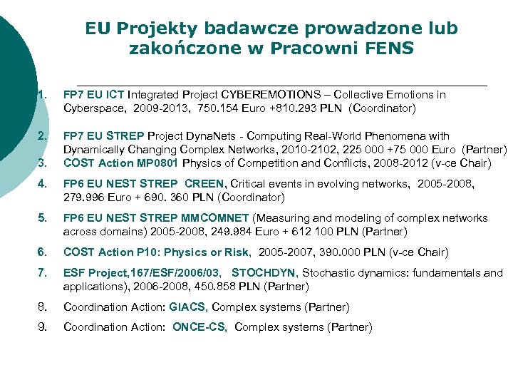 EU Projekty badawcze prowadzone lub zakończone w Pracowni FENS 1. FP 7 EU ICT