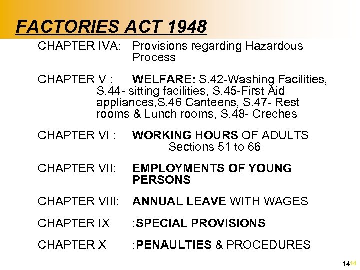 FACTORIES ACT 1948 n CHAPTER IVA: Provisions regarding Hazardous Process n CHAPTER V :