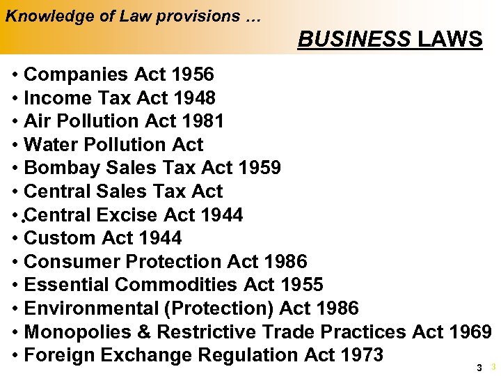 Knowledge of Law provisions … BUSINESS LAWS • Companies Act 1956 • Income Tax