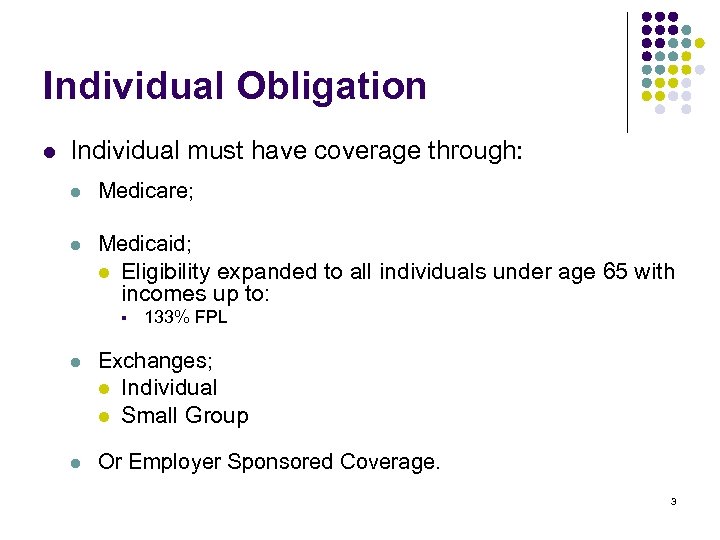Individual Obligation l Individual must have coverage through: l Medicare; l Medicaid; l Eligibility